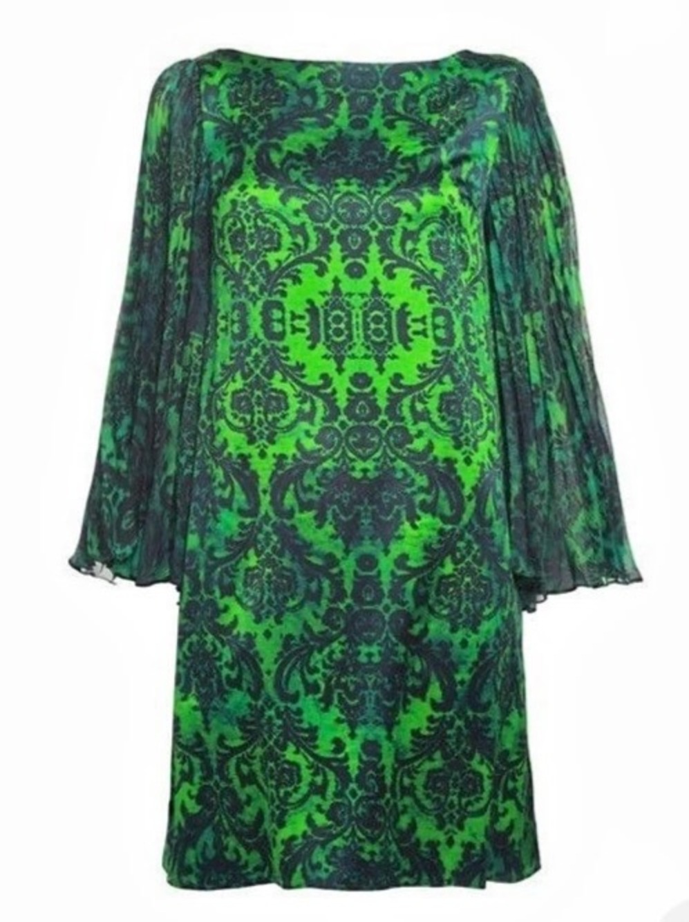 Alice + Olivia Printed Silk Plissé Sleeve Shift Mini Dress Paisley Green Size L